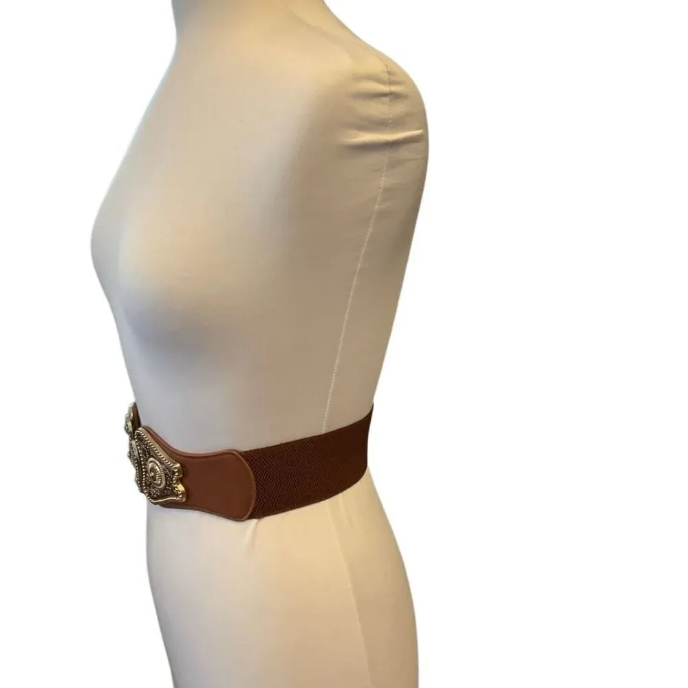 Cool vintage looking metal stretch antique buckle belt, brown and brushed gold